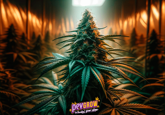 A cannabis plant in the foreground and an indoor grow with lighting in the background