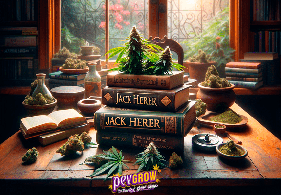 A study desk with several books titled Jack Herer and plants and buds of marijuana on and around it