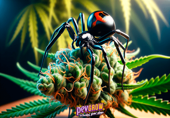 Una planta de marihuana con una hermosa araña envolviendo el cogollo