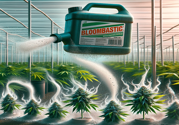 Un grand contenant de Bloombastic en l'air, arrosant un champ de plantes de marijuana