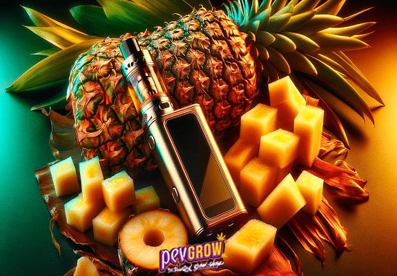 A vape on top of a whole and sliced pineapple