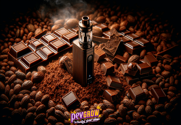 A vape surrounded by chocolate in various forms, powdered, squares, natural...