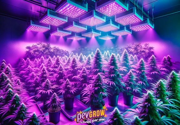 Une culture intérieure de plantes de marijuana éclairée par des panneaux LED créant une belle ambiance violette