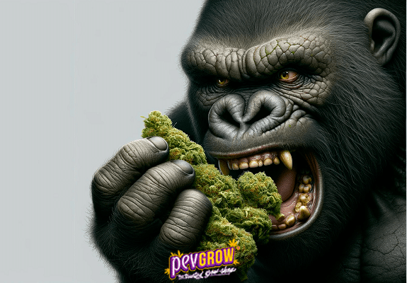 Un gorilla che assaggia un bocciolo di marijuana