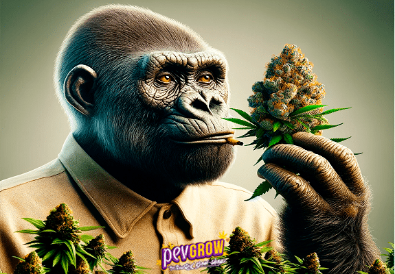 A gorilla looking at a bud it holds in its hand in front of it.