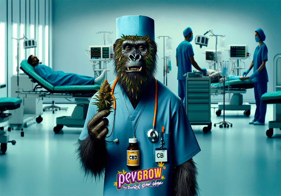 Ein als Krankenpfleger gekleideter Gorilla mit einer Flasche CBD um den Hals und einem Blütenstand in der Hand