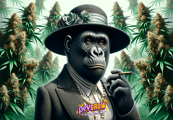 Um gorila vestido de senhorita da época fumando um cigarro no meio de plantas de maconha