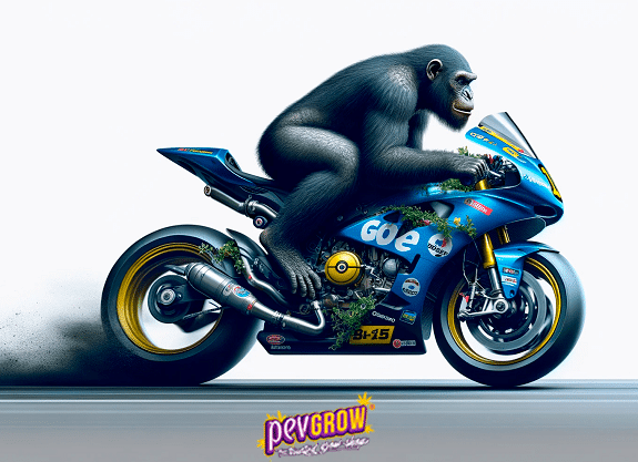 A gorilla on a motorcycle that seems to be moving at high speed