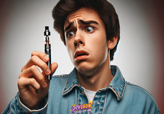 Photo of a lad looking at his vape in hand noticing it's almost finished