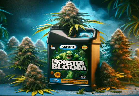 Ein Behälter von Monster Bloom umgeben von wunderschönen Marihuanapflanzen und einem bläulichen Rauchhintergrund