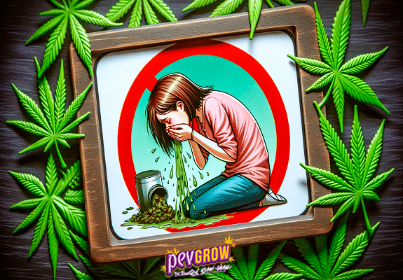 Una joven de rodillas vomitando rodeada de hojas de marihuana