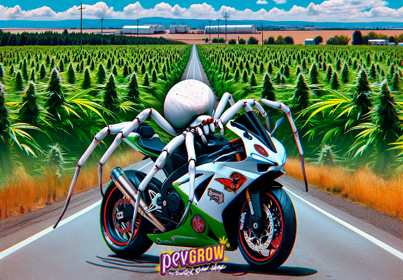 A large field of marijuana plants separated by a road where a motorcycle is driven by a huge white spider